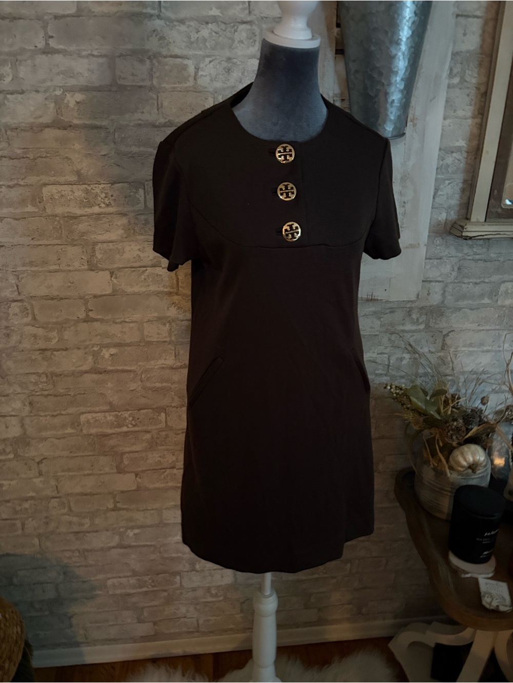 Tory Burch Brown Short-Sleeve Shift Dress with Gold Logo Buttons & pockets